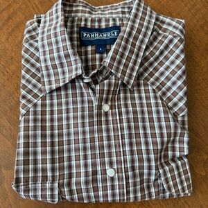 Panhandle Shirt Mens Large Brown Plaid Western Short‎ Sleeve Pearl Snap